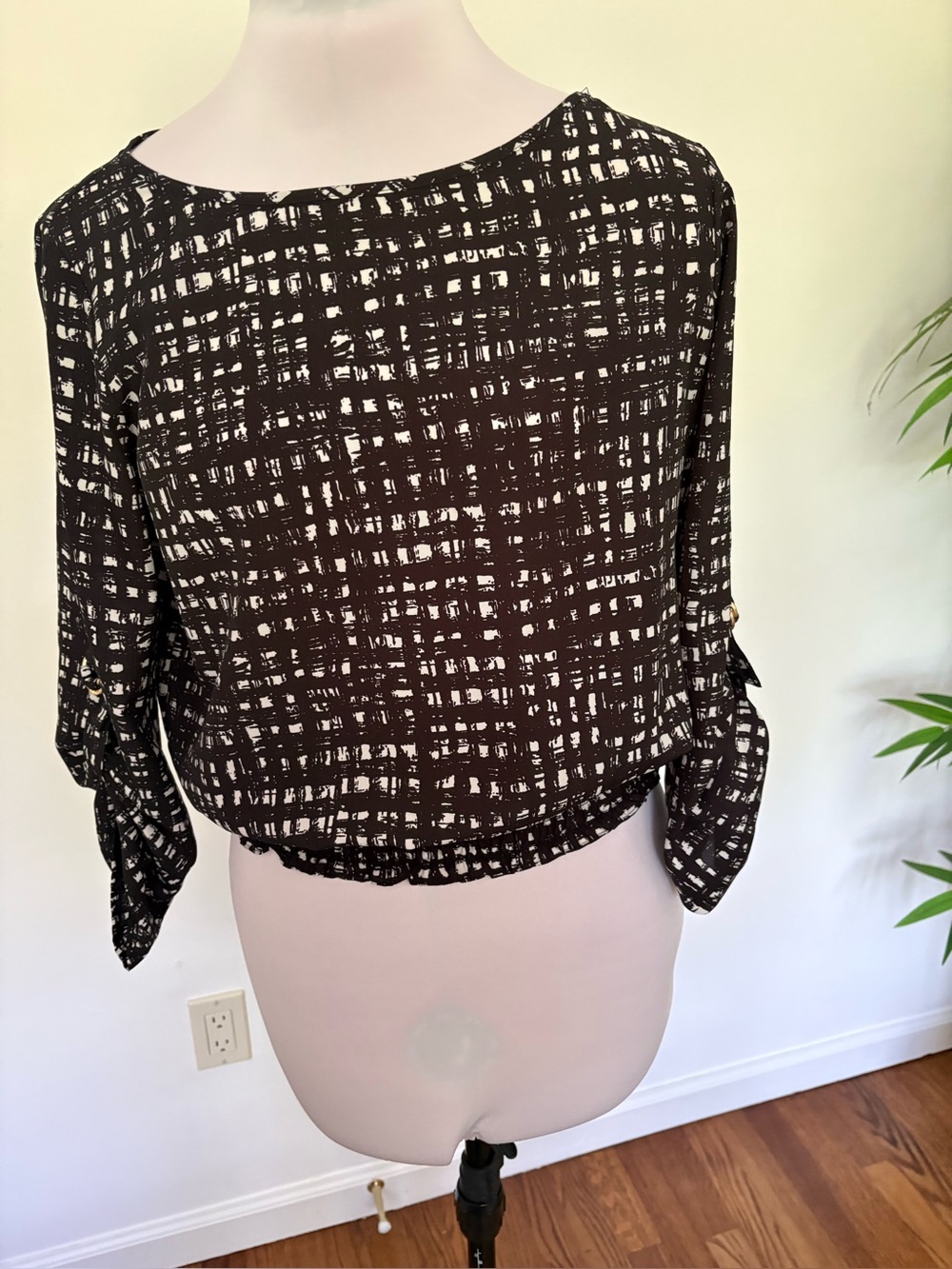 Michael Kors Black Blouse with White Grid Print